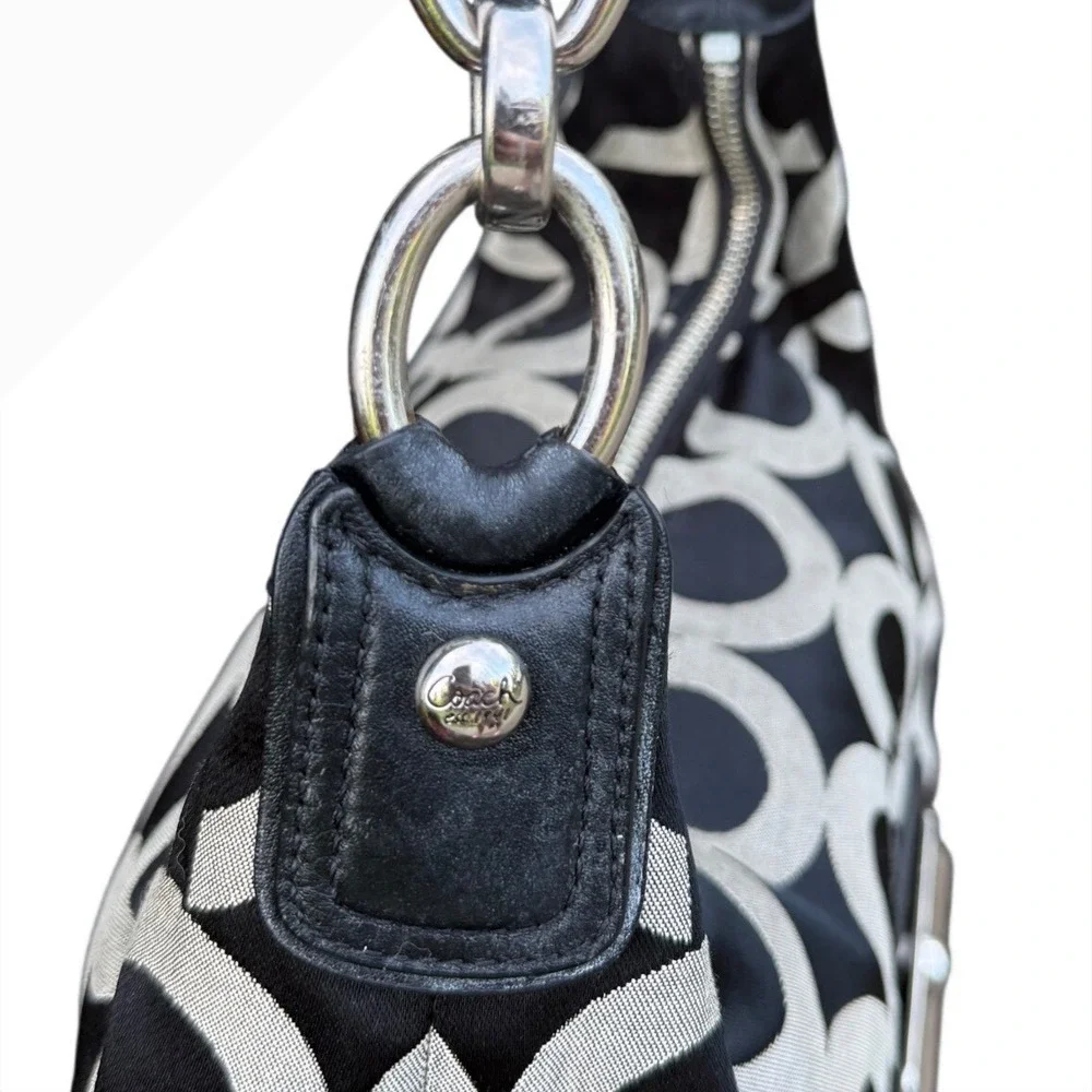 COACH Kristin Op Art Sateen Hobo Bag, Black and Gray Monogram, Shoulder/Hand Bag